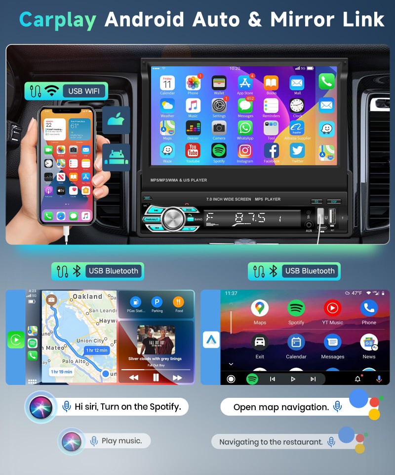 Podofo راديو سيارة بودوفو وايرلس كار بلاي بحجم دين واحد بشاشة تعمل باللمس 7 إنش HD قابلة للطي مع وايرلس كار بلاي أندرويد أوتو، بلوتوث، Type-C/USB/TF/AUX، SWC، FM، تحكم صوتي، كاميرا خلفية - Image 3