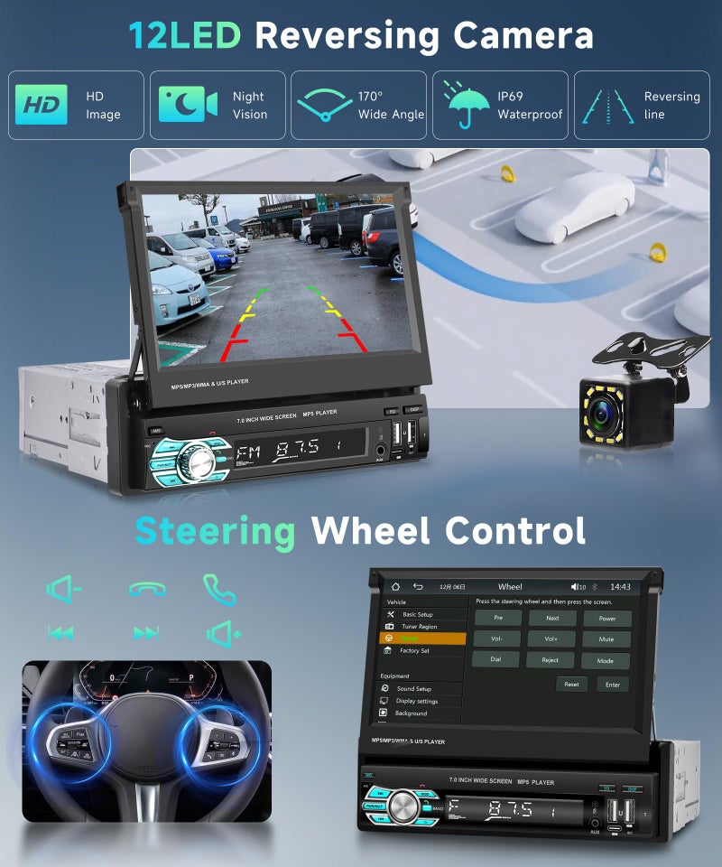 Podofo راديو سيارة بودوفو وايرلس كار بلاي بحجم دين واحد بشاشة تعمل باللمس 7 إنش HD قابلة للطي مع وايرلس كار بلاي أندرويد أوتو، بلوتوث، Type-C/USB/TF/AUX، SWC، FM، تحكم صوتي، كاميرا خلفية - Image 5