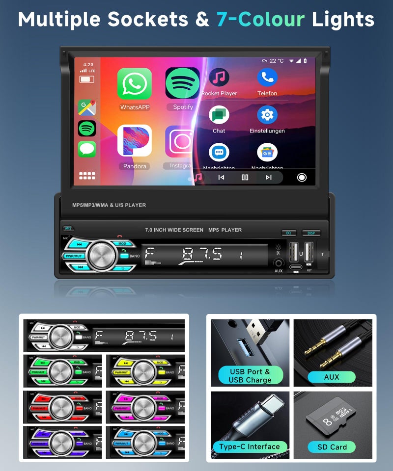 Podofo راديو سيارة بودوفو وايرلس كار بلاي بحجم دين واحد بشاشة تعمل باللمس 7 إنش HD قابلة للطي مع وايرلس كار بلاي أندرويد أوتو، بلوتوث، Type-C/USB/TF/AUX، SWC، FM، تحكم صوتي، كاميرا خلفية - Image 4