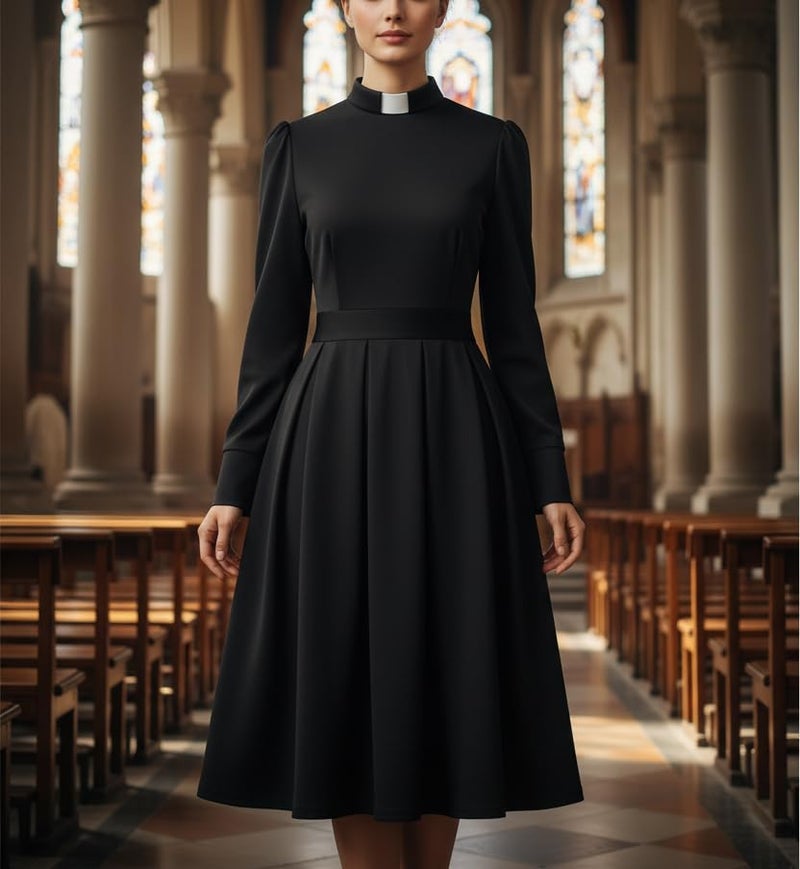 CAMDOM Church Clergy Dress for Women Minister Spring/Autumn Long Sleeve Elegant Pleated Dress with Tab Collar Black - Image 2