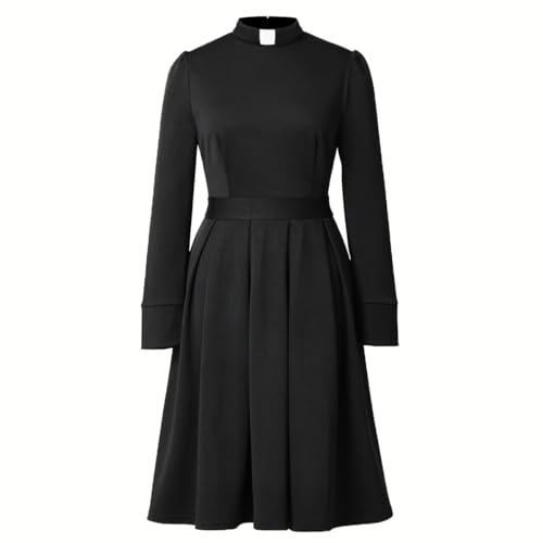 CAMDOM Church Clergy Dress for Women Minister Spring/Autumn Long Sleeve Elegant Pleated Dress with Tab Collar Black - Image 1