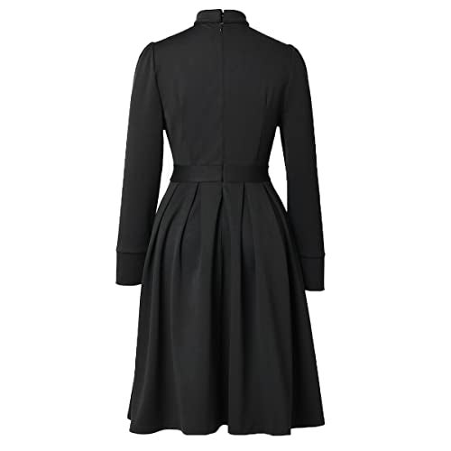 CAMDOM Church Clergy Dress for Women Minister Spring/Autumn Long Sleeve Elegant Pleated Dress with Tab Collar Black - Image 3