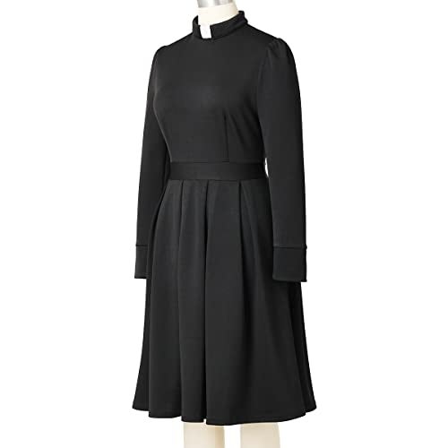 CAMDOM Church Clergy Dress for Women Minister Spring/Autumn Long Sleeve Elegant Pleated Dress with Tab Collar Black - Image 5