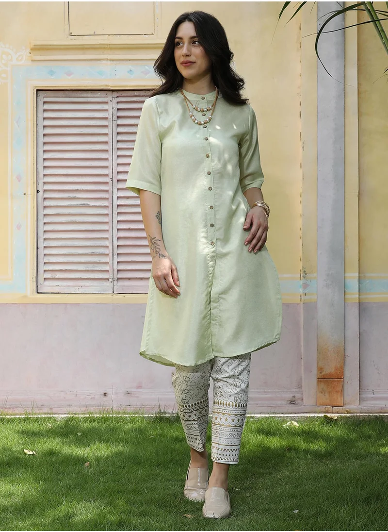 QISSA Women's Mint Green Button-Up Shirt Kurta With Mint Green Trousers Set