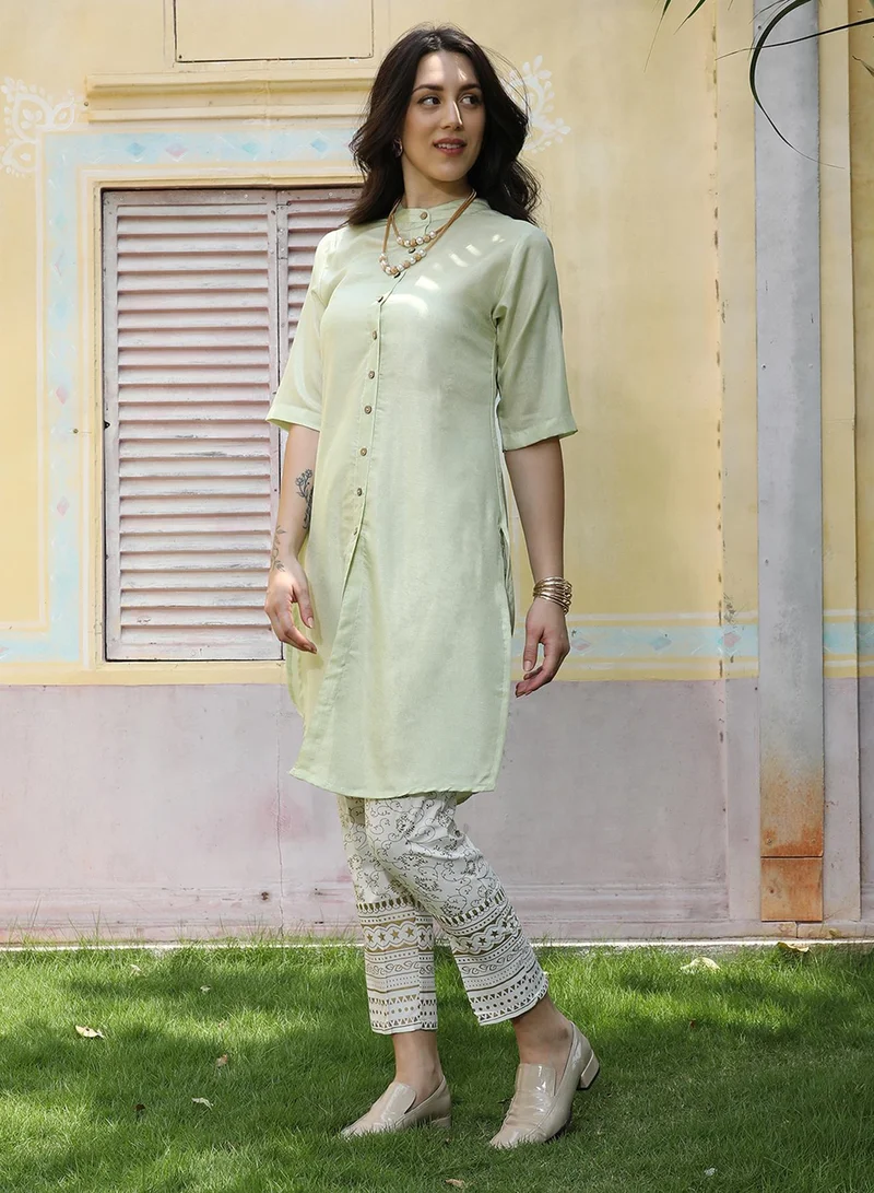  قصة Women's Mint Green Button-Up Shirt Kurta With Mint Green Trousers Set