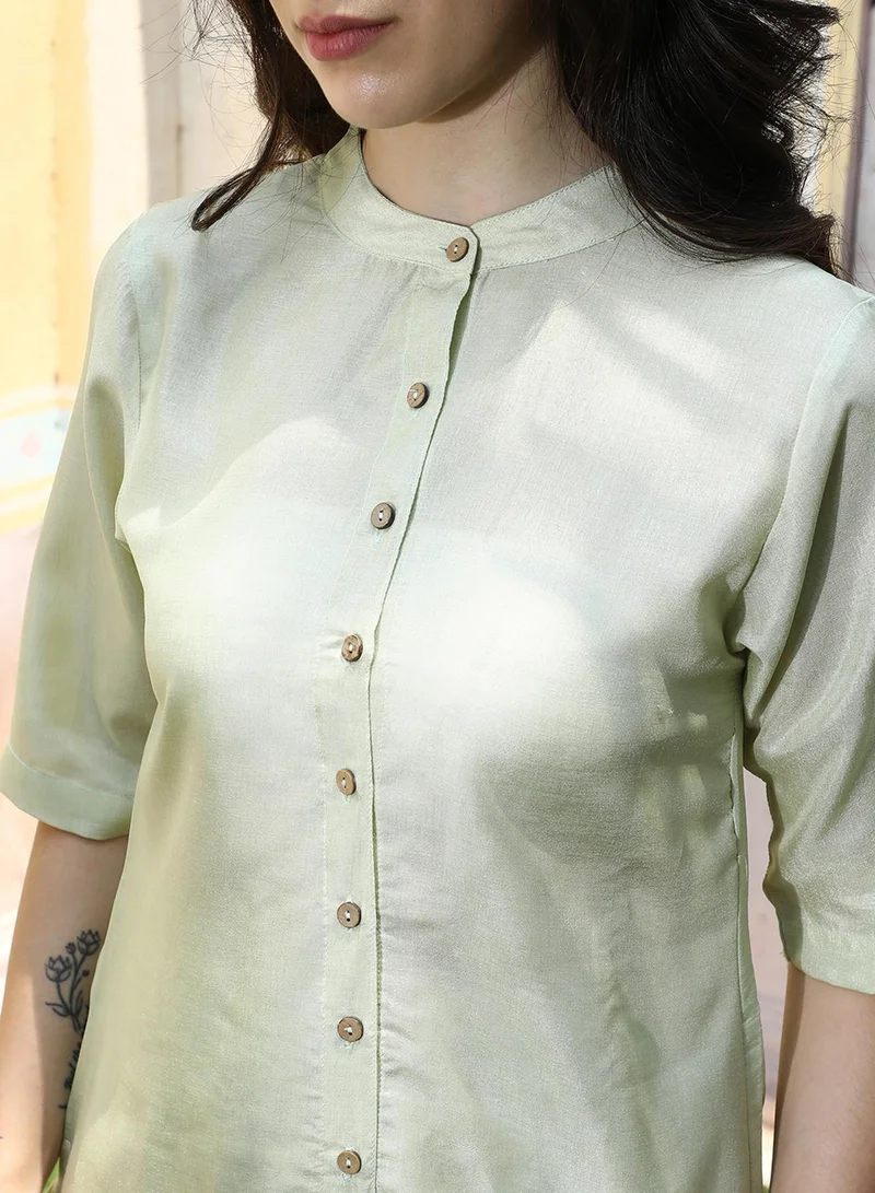  قصة Women's Mint Green Button-Up Shirt Kurta With Mint Green Trousers Set