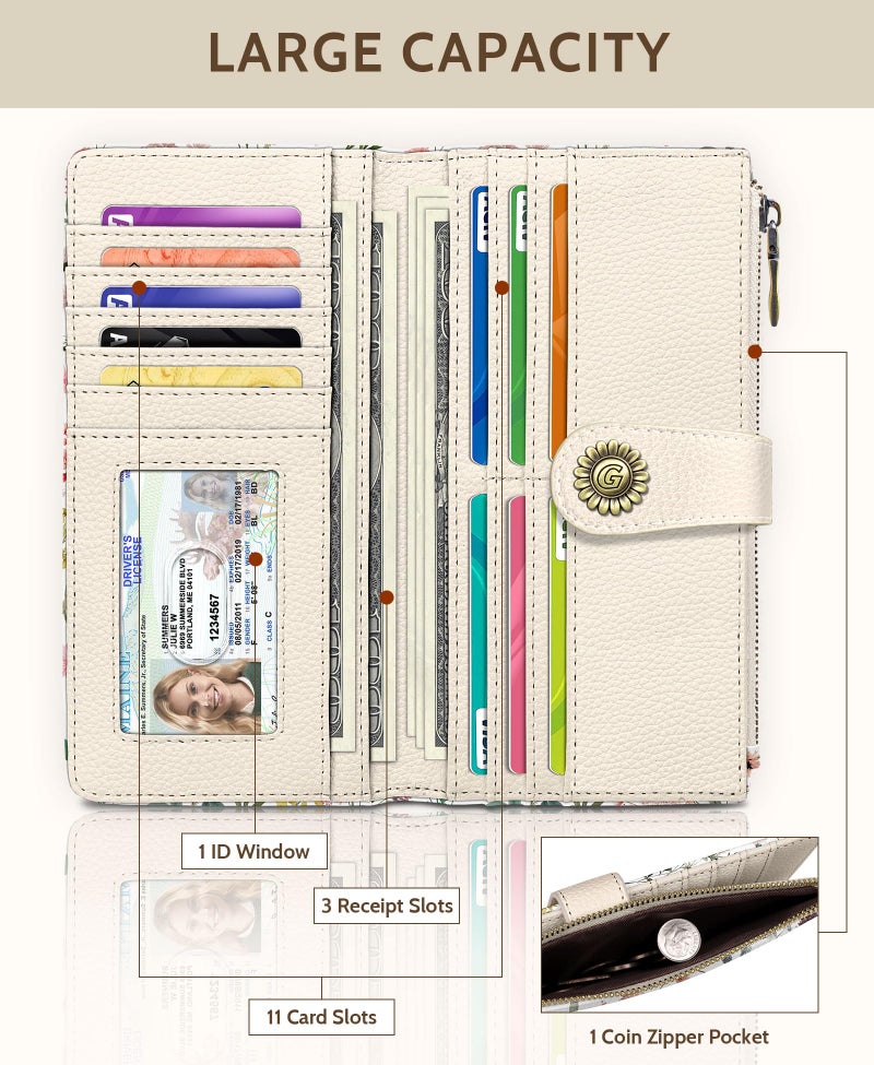 GIANCOMICS Flower Wildflower Womens Wallet RFID Blocking, Credit Card Holder Bifold, PU Leather Travel Billfold, Cute Cash Purse, Zipper Coin Pocket Clutch, 11 Card Slots, Card Slot, Ladies Gift Woman - Image 3