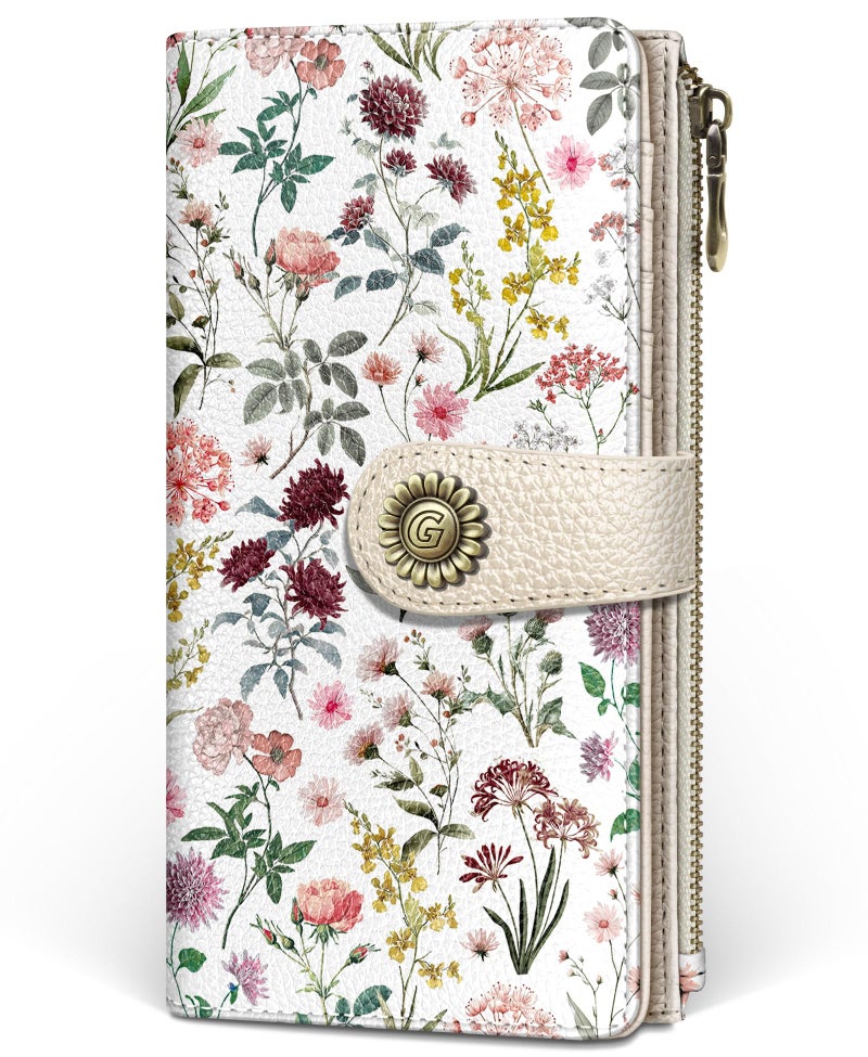 GIANCOMICS Flower Wildflower Womens Wallet RFID Blocking, Credit Card Holder Bifold, PU Leather Travel Billfold, Cute Cash Purse, Zipper Coin Pocket Clutch, 11 Card Slots, Card Slot, Ladies Gift Woman - Image 1