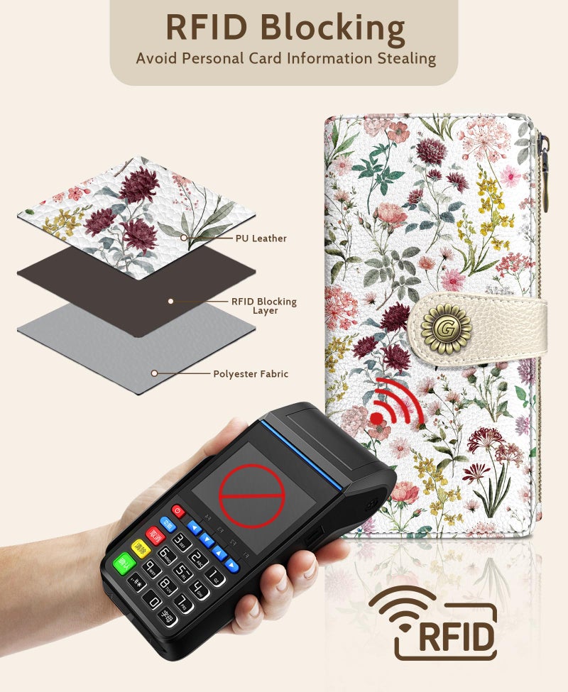 GIANCOMICS Flower Wildflower Womens Wallet RFID Blocking, Credit Card Holder Bifold, PU Leather Travel Billfold, Cute Cash Purse, Zipper Coin Pocket Clutch, 11 Card Slots, Card Slot, Ladies Gift Woman - Image 4