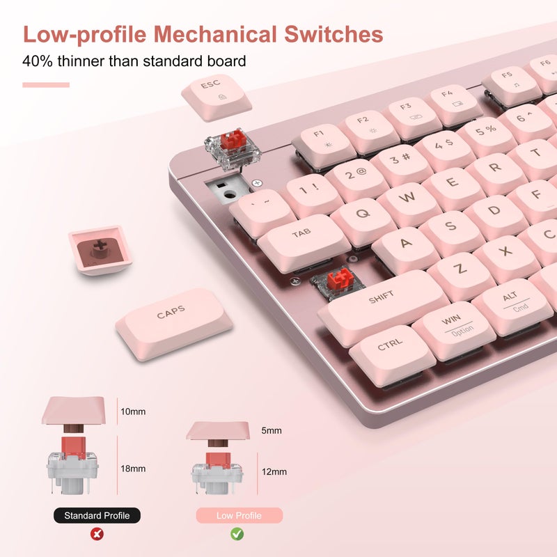 LeadsaiL Wireless Keyboard and Mouse Combo, 2.4Ghz Cordless Mechanical Keyboard and Silent Mouse for Business, Low-Profile Red Switch, 98-Key Compact Slim Keyboard for Windows/MacOS PC Laptop - Pink - Image 2