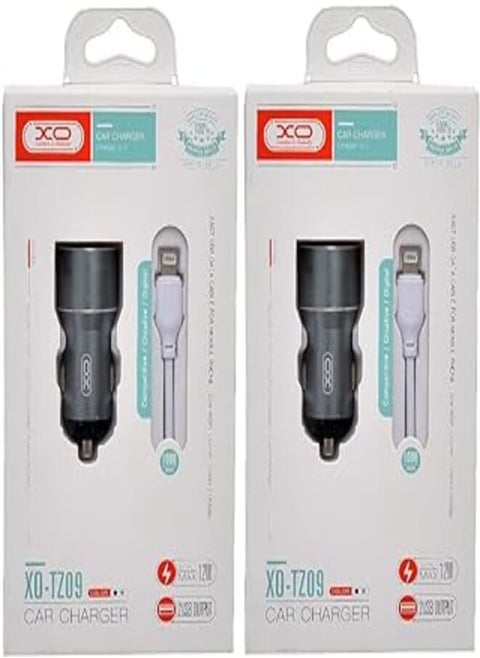 Xo tz09 car charger suit and lightning cable with 2.1a max 12w output and 2 usb output 1000mm set of 2 pieces - grey