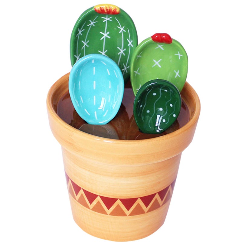 GICEY Cactus Measuring Spoons Set in Pot Ceramic Cute Small Cacti Measuring Spoons and Cups Green for BakingSalt Sugar Housewarming Gifts Green