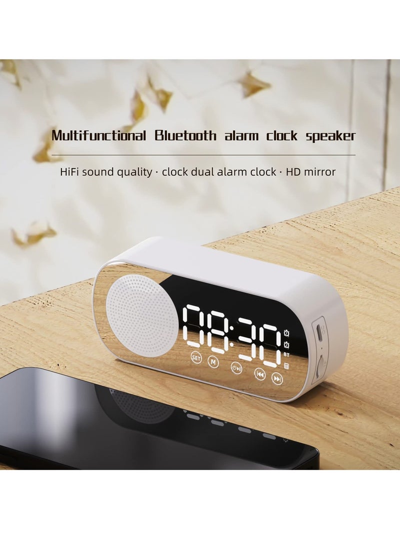 SYOSI Digital Dual Alarm Clock, Multi Function Rechargeable Bluetooth 5.0 Speaker LED Display Mirror Desk Alarm Clock with FM Radio Support TF Card for Hotel Office Bedroom Travel White  - Image 4