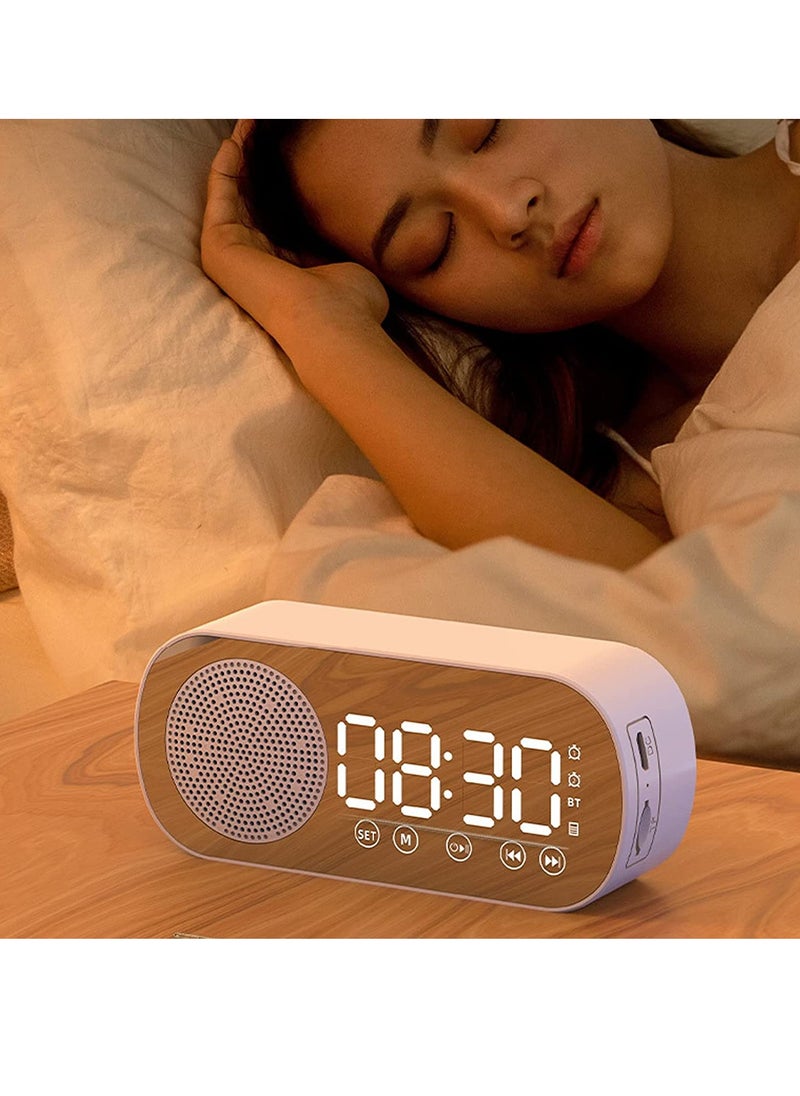 SYOSI Digital Dual Alarm Clock, Multi Function Rechargeable Bluetooth 5.0 Speaker LED Display Mirror Desk Alarm Clock with FM Radio Support TF Card for Hotel Office Bedroom Travel White  - Image 1