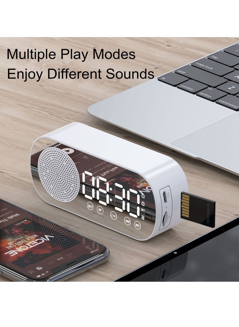 SYOSI Digital Dual Alarm Clock, Multi Function Rechargeable Bluetooth 5.0 Speaker LED Display Mirror Desk Alarm Clock with FM Radio Support TF Card for Hotel Office Bedroom Travel White  - Image 3