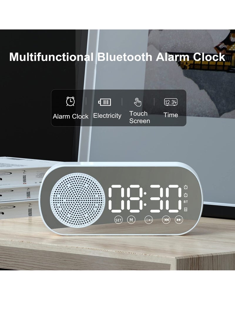 SYOSI Digital Dual Alarm Clock, Multi Function Rechargeable Bluetooth 5.0 Speaker LED Display Mirror Desk Alarm Clock with FM Radio Support TF Card for Hotel Office Bedroom Travel White  - Image 2