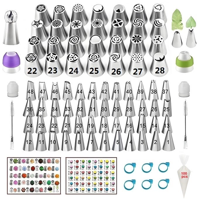 193 PCS RUSSIAN PIPING TIPS SET WITH 28 NUMBERED RUSSIAN TIPS48 NUMBERED ICING TIPS1 BALL TIP2 LEAF TIPSPATTERN CHART100 PASTRY BAGS4 COUPLERS6 BAG TIES FOR CAKE DECORATING