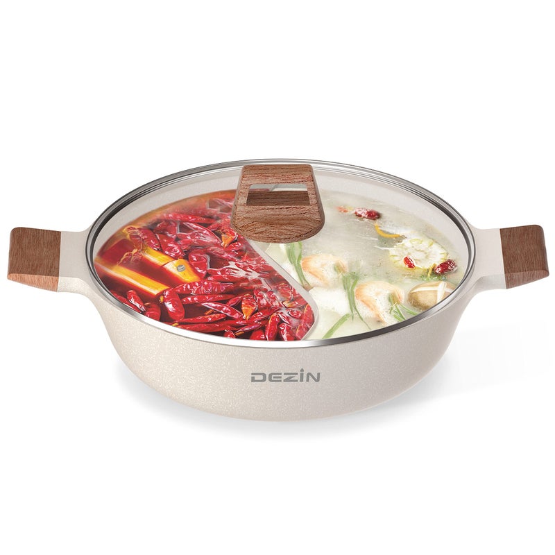 DEZIN Dezin 5QT Doubleflavor Shabu Shabu Pot with Divider Dual Sided Nonstick Hot Pot 12 Inch Divided Stockpot for Cooking Hotpot for Induction Cooktop Gas Stove  Hot Burner Soup Ladle Included 