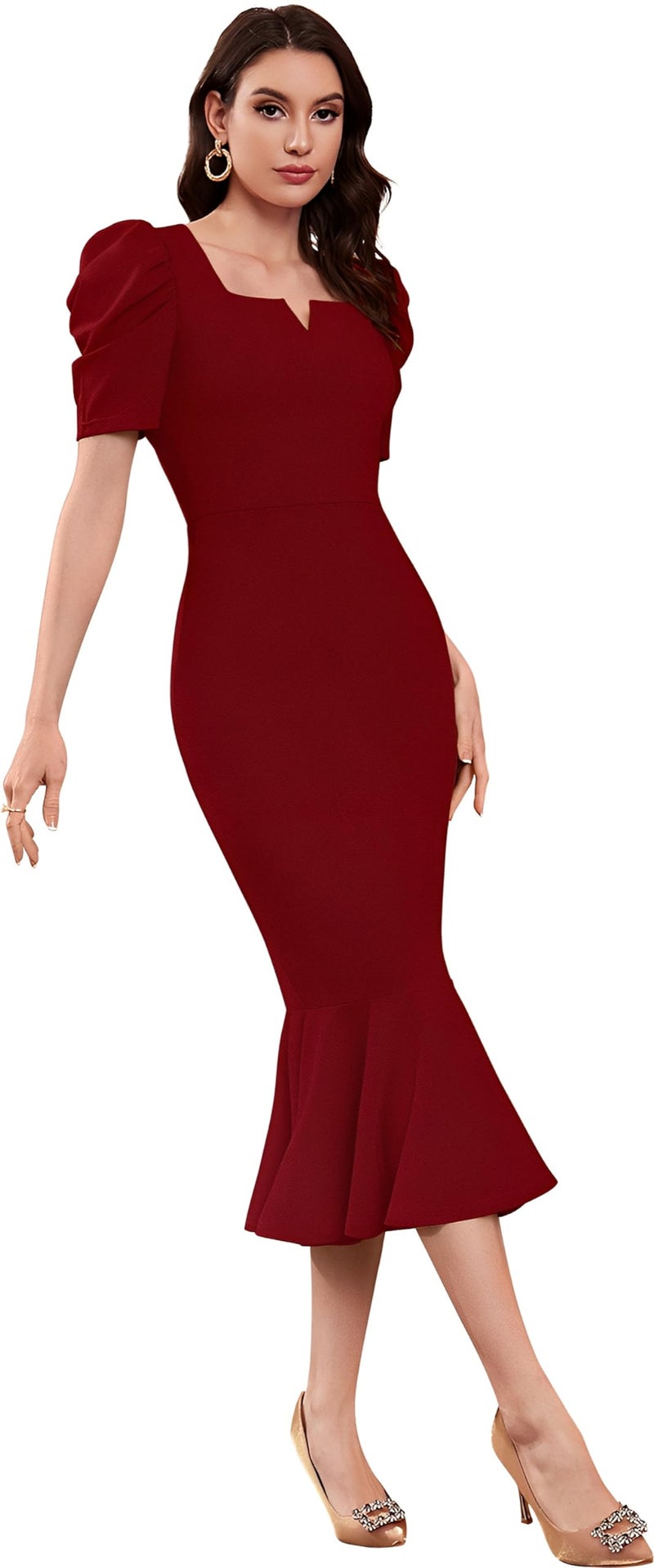 SATPURUSH Women's Lycra Blend Sweet-Heart Neck Puff Sleeve Fit and Flared Calf Length Casual Bodycon Dress for Party, Office, Meetings Etc. (Maroon, S) - Image 3