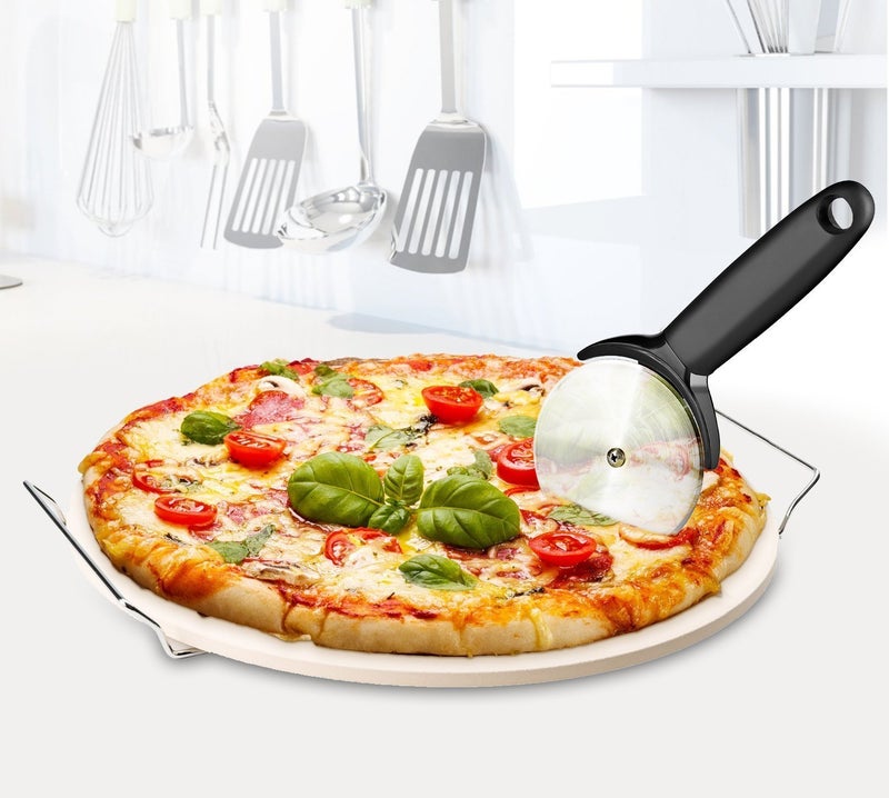 Chef's Star 15 Inch Ceramic Pizza Stone for Oven, Outdoor and Indoor Chrome Plated Serving Rack Pizza Pan with Pizza Cutter - Image 4