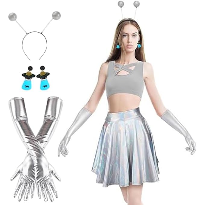 ALIEN COSTUME SET, WOMEN'S ALIEN COSTUME WITH ALIEN HEADBAND + GLOVES + EARRINGS, SPACE COSTUME FOR WOMEN FOR ADULTS COSTUME ACCESSORIES ALIEN COSPLAY COSTUME ACCESSORIES - Image 1