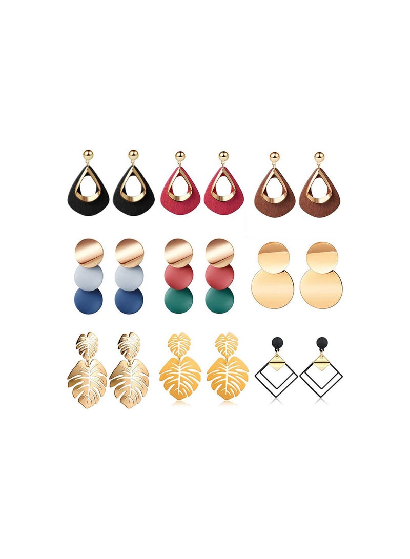 GGOOT 9 Pairs Fashion Tassel Earrings Set, Bohemian Acrylic Hoop Stud Drop Dangle Earring Leather Leaf Earrings, for Women Girls Birthday/Party/Christmas/Friendship  - Image 1