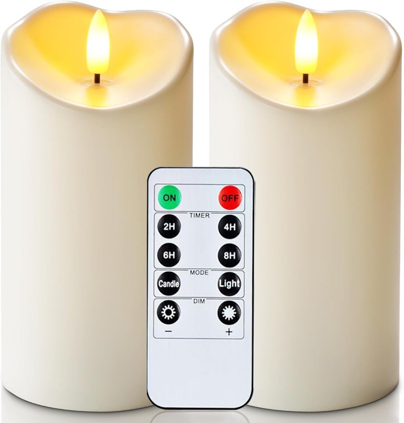 Homemory 7.6 cm x 15 cm Outdoor Waterproof Flameless Candles, Flickering LED Pillar Candles, Battery Operated Candles with Remote Control and Timer, Fake Plastic Candles, Ivory, Set of 2 - Image 1