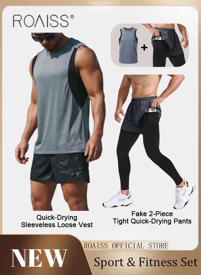2-Piece Men Sportswear Set Quick Dry Sleeveless Vest for Loose and Breathable Casual Fitness Running Tank Top and Double Layer Compression Workout Shorts for Basketball and Training