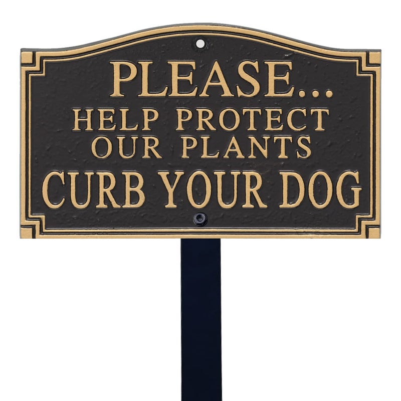 SmartSign 575 x 95 inch Please Help Protect Plants Curb Your Dog GardenBoss Statement Plaque with 18 inch Lawn Stake 375 mil Rustproof Aluminum Black and Gold Set of 1 Made in USA