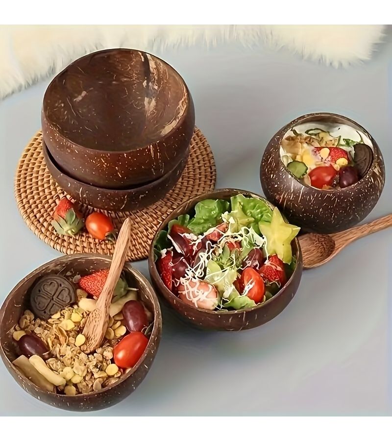 Handmade Cork Coconut Shell Bowl And Spoon Set For Salads Fruits Cereal - Image 1