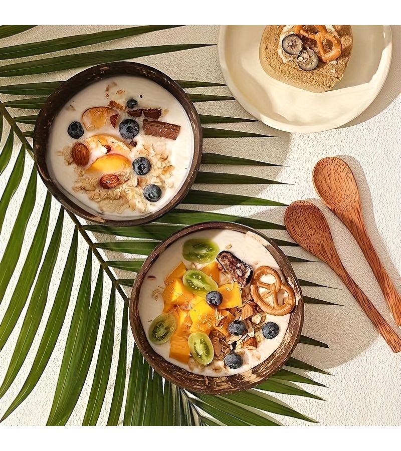 Handmade Cork Coconut Shell Bowl And Spoon Set For Salads Fruits Cereal - Image 4
