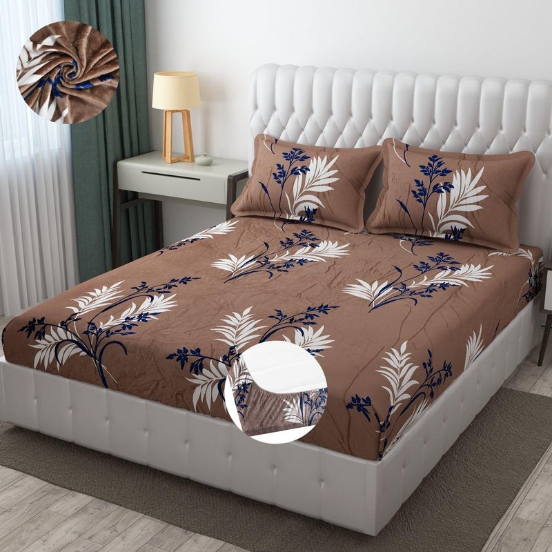 SHOMES Premium Elastic Fitted Warm bedsheets for Winter for Double Bed Elastic Fitted Winter bedsheets for King Size Bed with 2 Pillow Covers Size 72 x 78 Inches Beige - Image 1