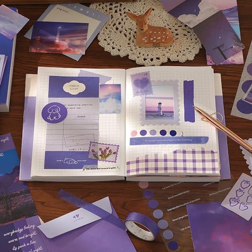 ATIRAMANIYA 346Pcs Paper Vintage Aesthetic Scrapbook Kit Scrapbooking Supplies Kit With Bullet Junk Journal, Stationery, Washi Stickers A6 Grid Notebook Journaling Gift For Girl (The Moon, Purple) - Image 5