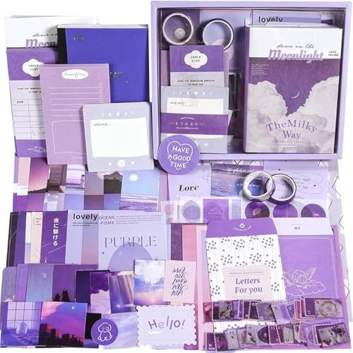 ATIRAMANIYA 346Pcs Paper Vintage Aesthetic Scrapbook Kit Scrapbooking Supplies Kit With Bullet Junk Journal, Stationery, Washi Stickers A6 Grid Notebook Journaling Gift For Girl (The Moon, Purple) - Image 1