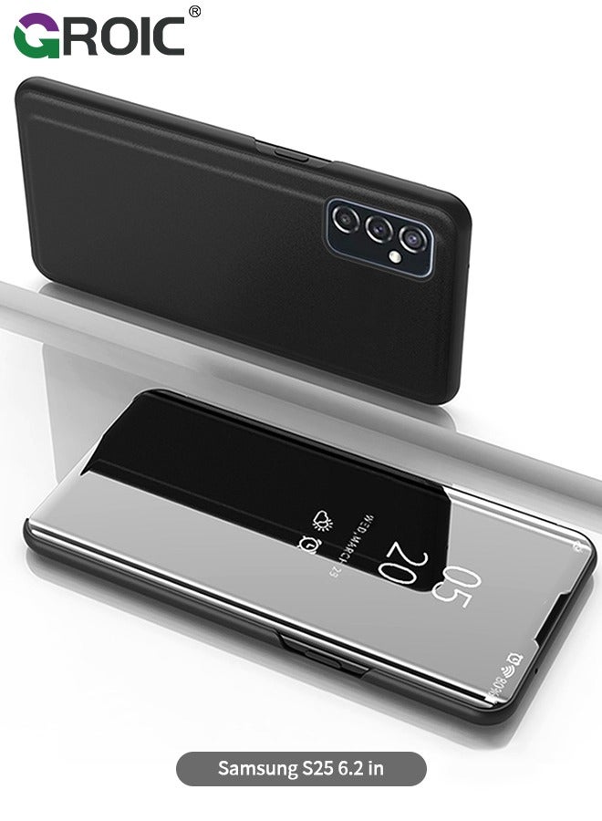 GROIC Case for Samsung Galaxy S25 5G, Mirror Case Ultra Slim Lightweight Flip Cover with Stand Anti-drop Protection Cover for Samsung Galaxy S25, Black - Image 1