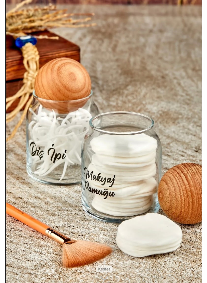 Fbz Home 2 Pack Dental Floss & Makeup Cotton Organizer with Wooden Ball Lid 300 ml Glass Cotton Jar  - Image 1