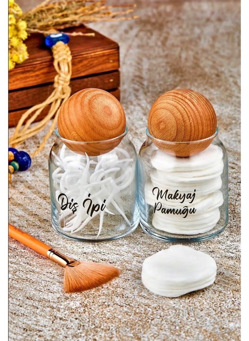 Fbz Home 2 Pack Dental Floss & Makeup Cotton Organizer with Wooden Ball Lid 300 ml Glass Cotton Jar  - Image 2