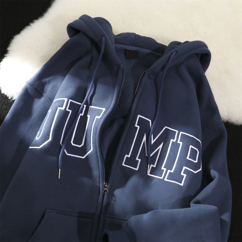 American high street oversize cardigan sweater mens fleece-lined thickened loose couple spring and autumn hooded lazy style coat Black - Image 2