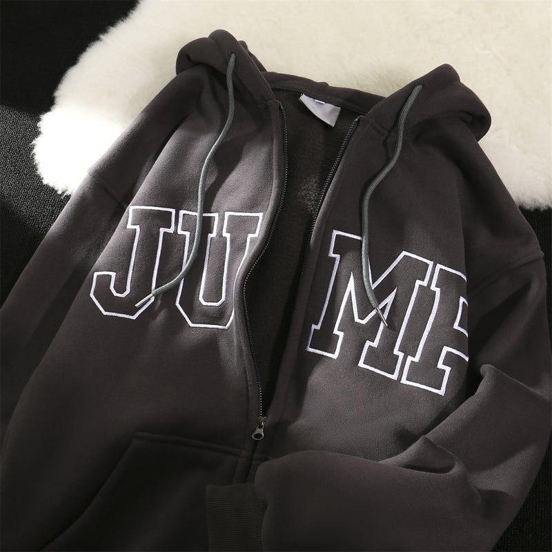 American high street oversize cardigan sweater mens fleece-lined thickened loose couple spring and autumn hooded lazy style coat Black - Image 1