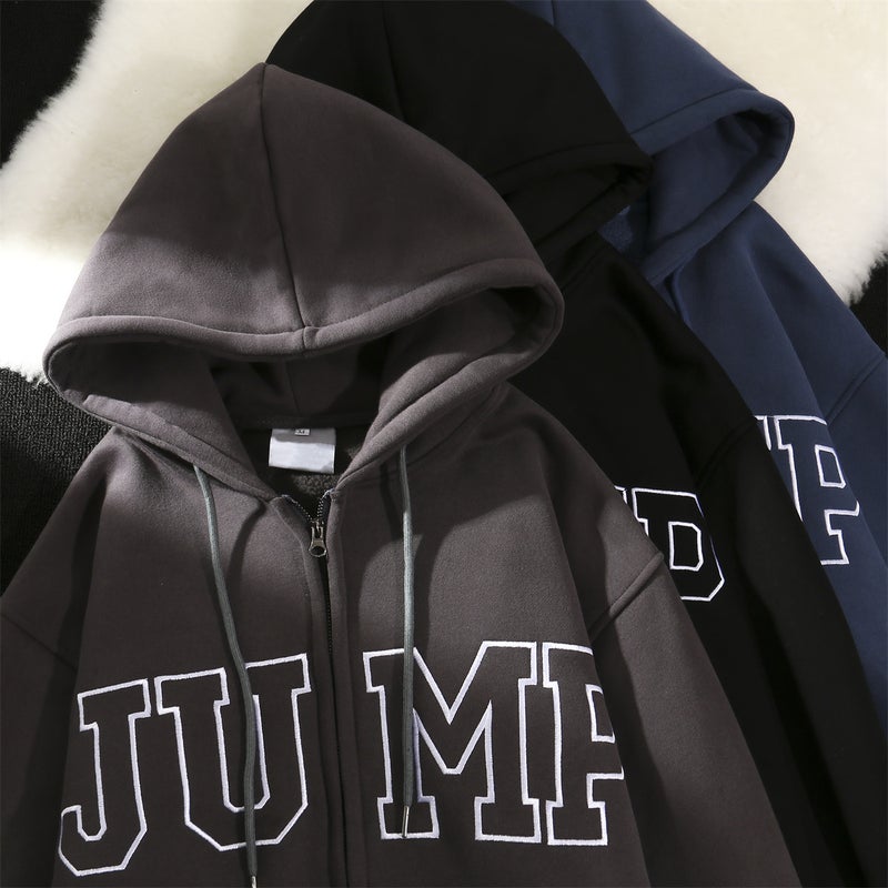 American high street oversize cardigan sweater mens fleece-lined thickened loose couple spring and autumn hooded lazy style coat Black - Image 5