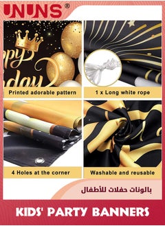 UNUNS Happy Birthday Backdrop Banner,2 Pcs Black Gold Birthday Backdrop Cloth,Photography Booth Backdrop Decor,Birthday Balloon Star Poster Wall Decor,Party Supplies For Kids Women Men,180x110cm+300x50cm  - Image 3