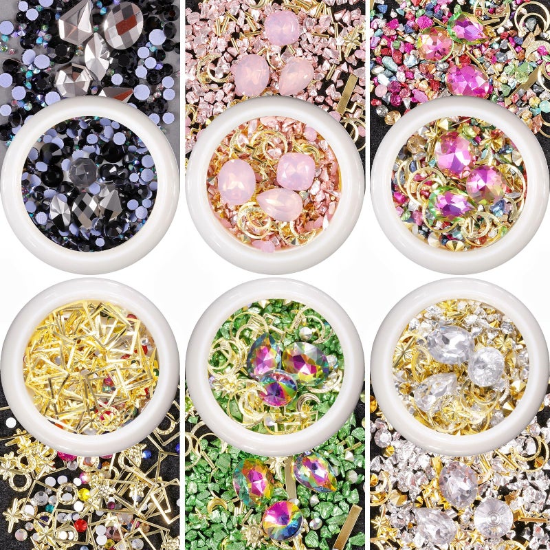 editTime 6 Wheels Mixed Sparkle Nail Art Rhinestones Diamonds Crystals Beads Artificial Pearls and Gold Silver Nail Studs Gems Metal Rivets Charms Hollow Moon Star Shaped Micro Mini Stones kit