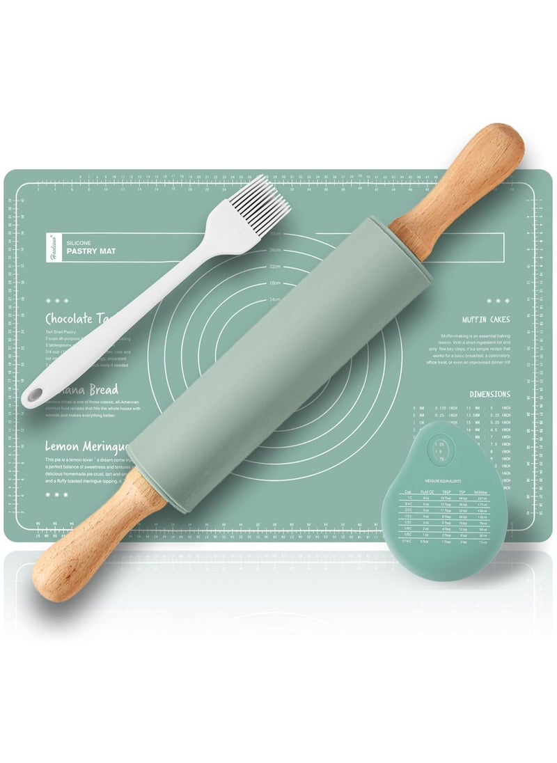 Oasisgalore Silicone Baking Mats Set & Rolling Pin with Pastry Brushes and Dough Scraper,Non Stick Silicone Rolling pin with Wooden Handle and Baking mats Non Stick Silicone,Pastry mat Set of 4  - Image 1