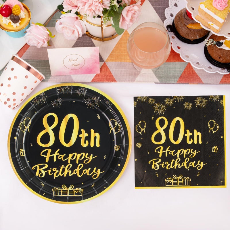 LDFDRT 80th Paper Party Plates And Napkins 50pcs 9"" Black Birthday Party Dessert Tableware Happy Birthday Decorations Party Supplies - Image 4