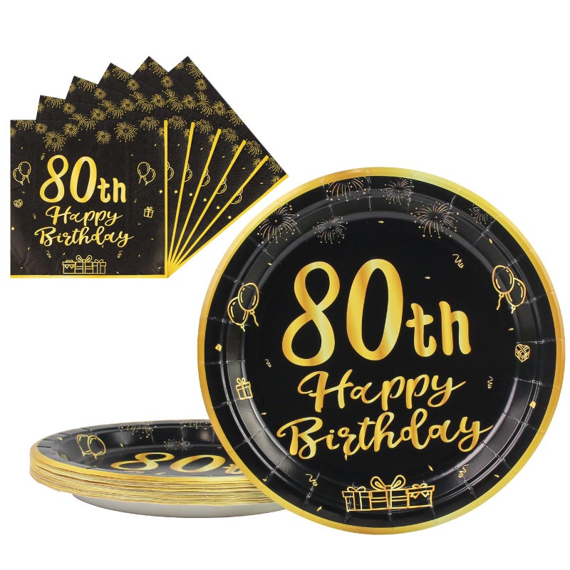 LDFDRT 80th Paper Party Plates And Napkins 50pcs 9"" Black Birthday Party Dessert Tableware Happy Birthday Decorations Party Supplies - Image 1