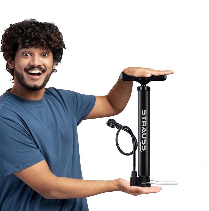 Strauss Bicycle Air Pump with Needle & Dual Valve | 30 CM Long | Portable Pump with 2 Modes, Ideal for Inflating Bicycle, Swimming Rings | Sturdy Base & Ergonomic Handle, (Black) - Image 1