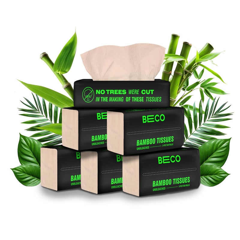 BECO علبة مناديل وجه من الخيزران - عبوة ناعمة | 100 سحب × 6 عبوات | مناديل وجه فائقة النعومة وصديقة للبشرة وذات قدرة امتصاص عالية | مناديل للسيارة | 100% طبيعية وصديقة للبيئة | 2 طبقة - 600 سحب - Image 1