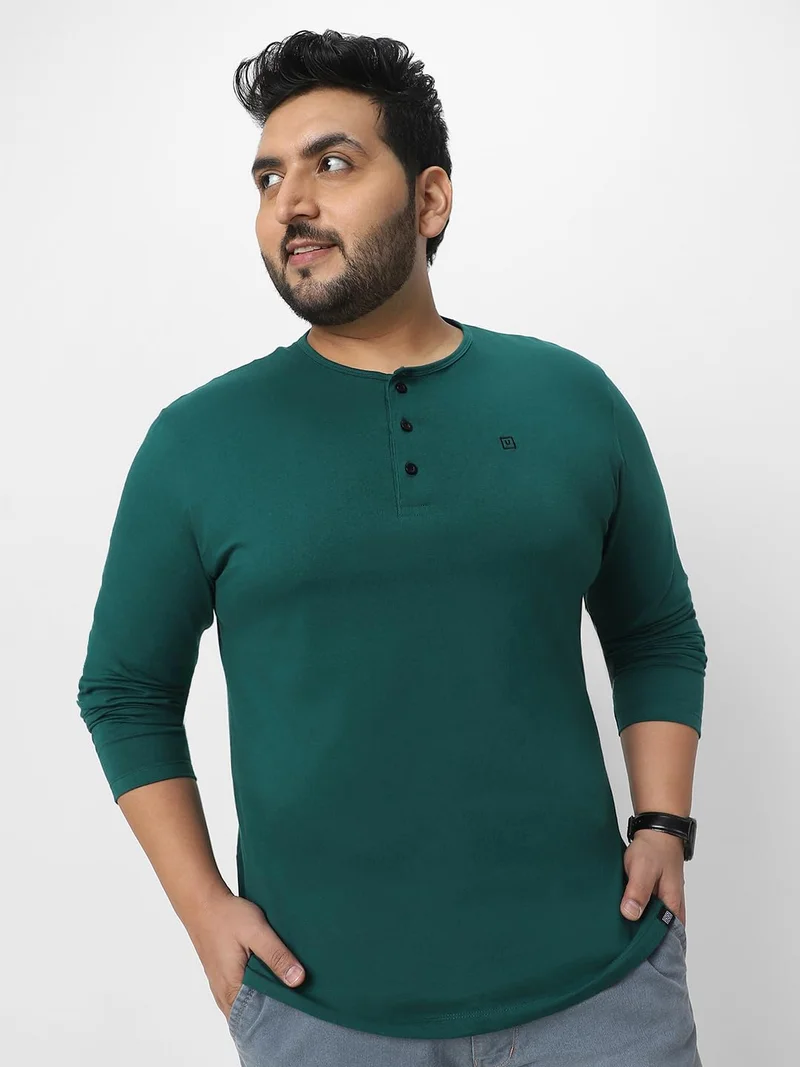 Urbano Plus Men's Dark Green Solid Henley Neck Regular Fit Full Sleeve Cotton T-Shirt