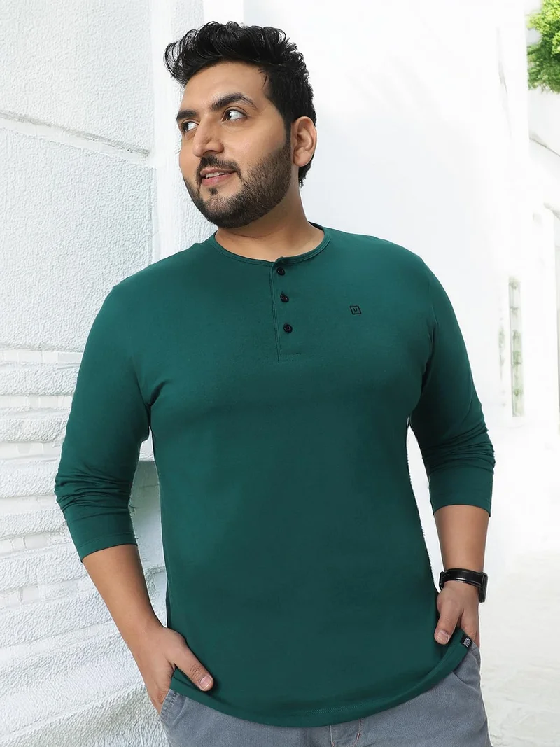 Urbano Fashion  Urbano Plus Men's Dark Green Solid Henley Neck Regular Fit Full Sleeve Cotton T-Shirt  | Best Price UAE