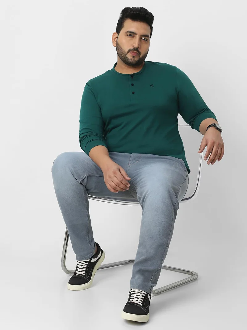 Urbano Fashion  Urbano Plus Men's Dark Green Solid Henley Neck Regular Fit Full Sleeve Cotton T-Shirt  | Best Price UAE